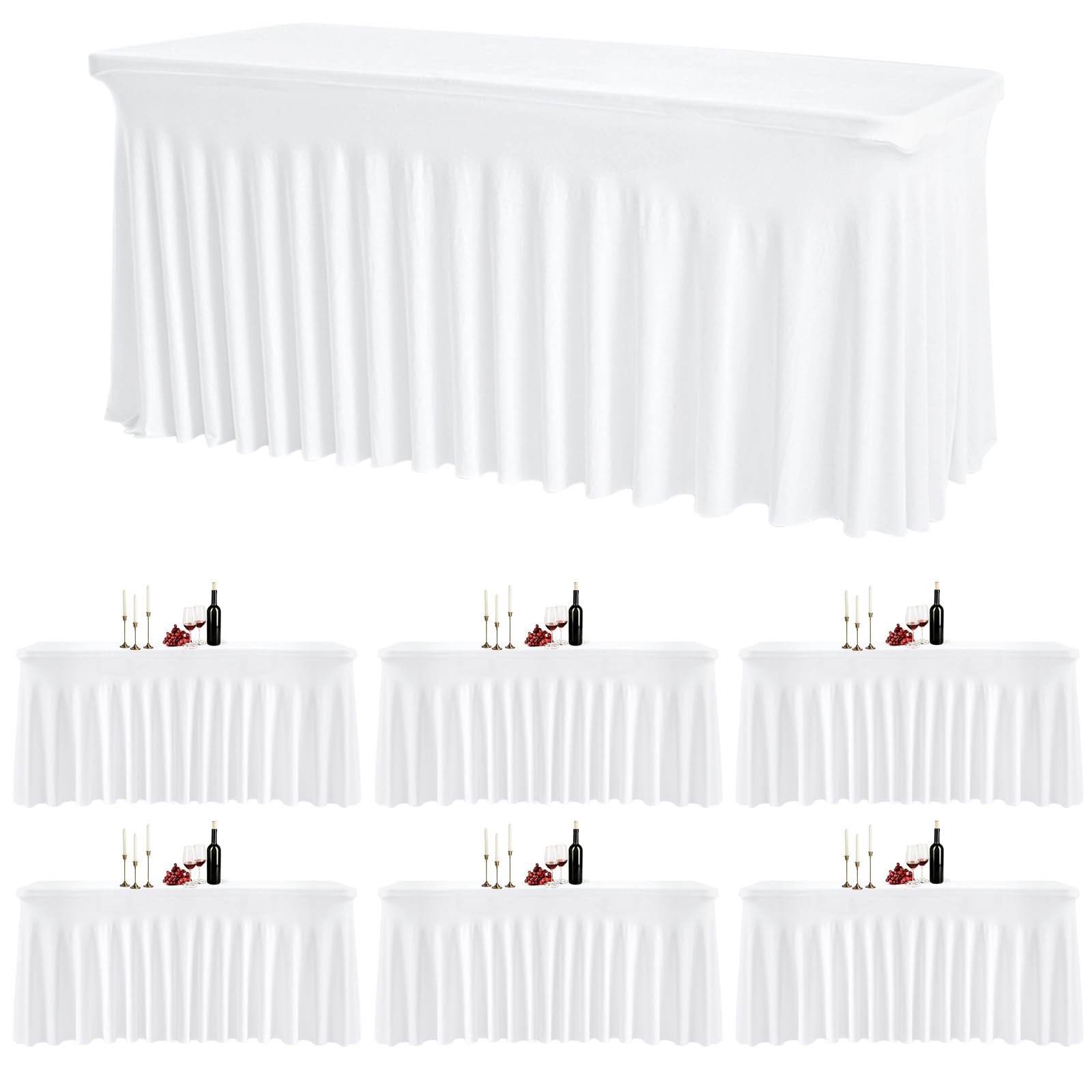 6 Pack White Rectangle Tablecloth 72 Inch with Elastic Skirt - Wrinkle-Resistant Spandex Fitted 6FT Table, Stretchable Table Cover for Wedding Banquet Birthday Party Buffet Restaurant