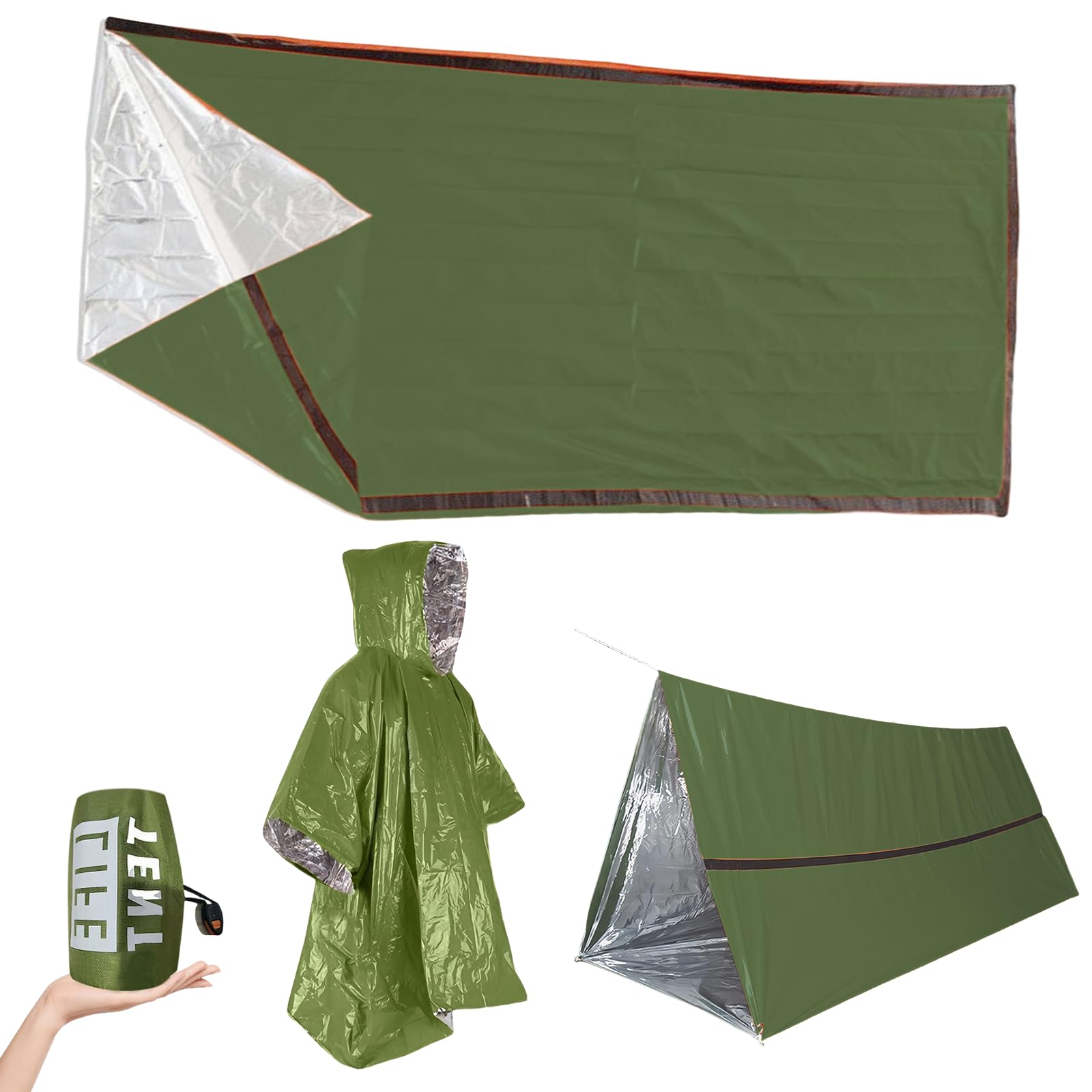 Sac de bivouac d'urgence réutilisable, tente d'urgence avec sac de transport & sifflet de signalisation & poncho de pluie d'urgence, tente de sauvetage pour camping, randonnée, premiers