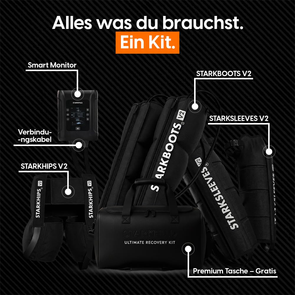 STARKBOOTS® V2 Ultimate Recovery Kit Kompressionssystem BOOTS SLEEVES HIPS Ledertragetasche 4h Akku Größe M