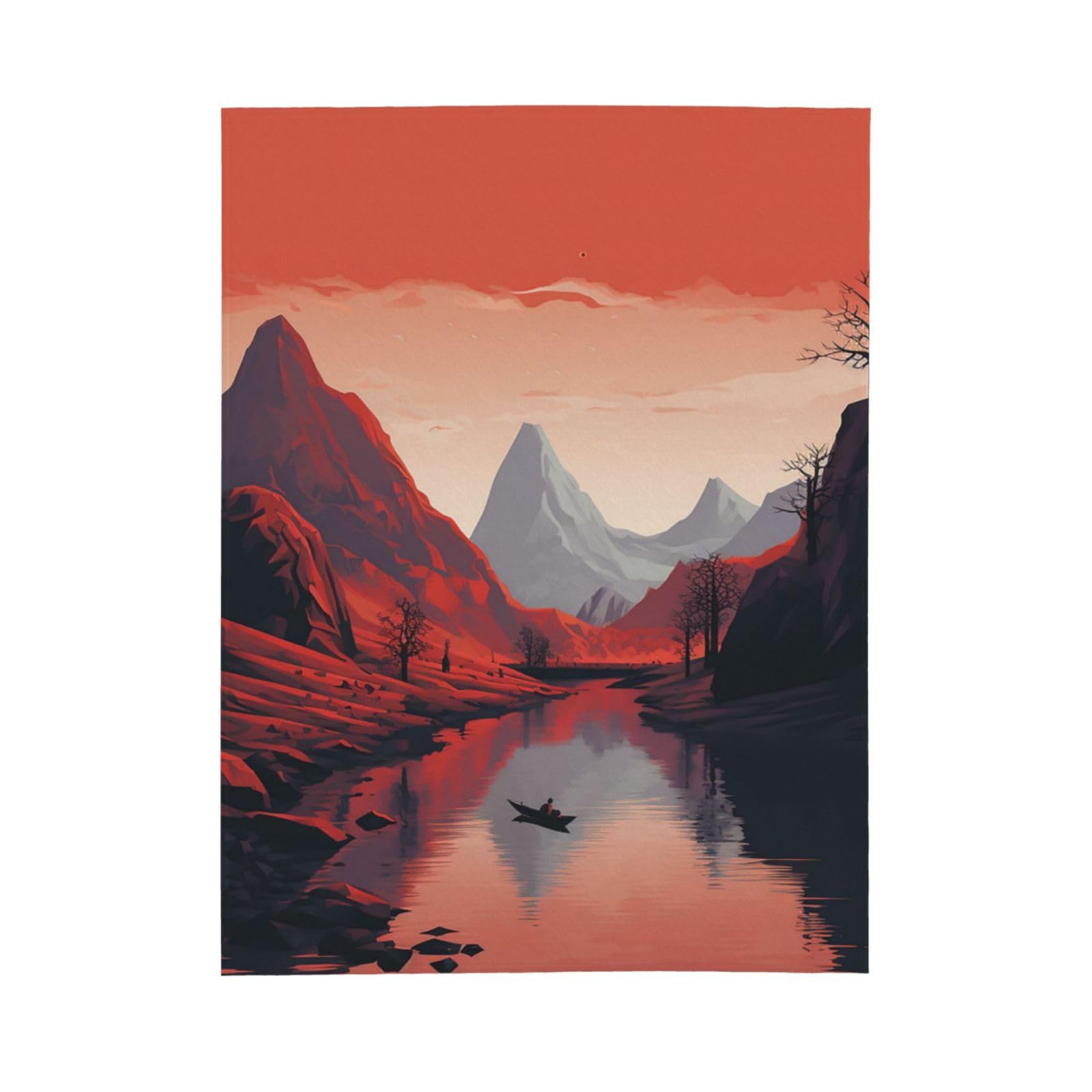 Couverture en flanelle imprimée pour canapé – Couverture en flanelle douce, confortable et légère en microfibre pour toutes les saisons – Rouge montagne et bateau
