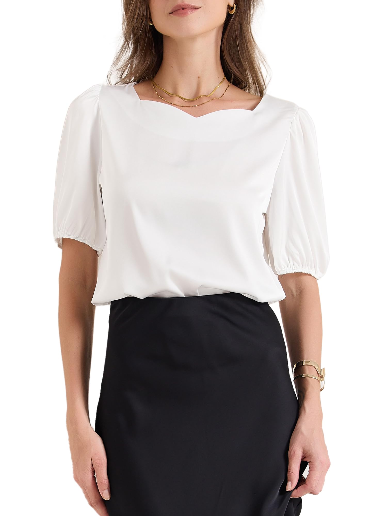 Allegra K Chemisier élégant en satin avec col en cœur et manches mi-longues pour femme