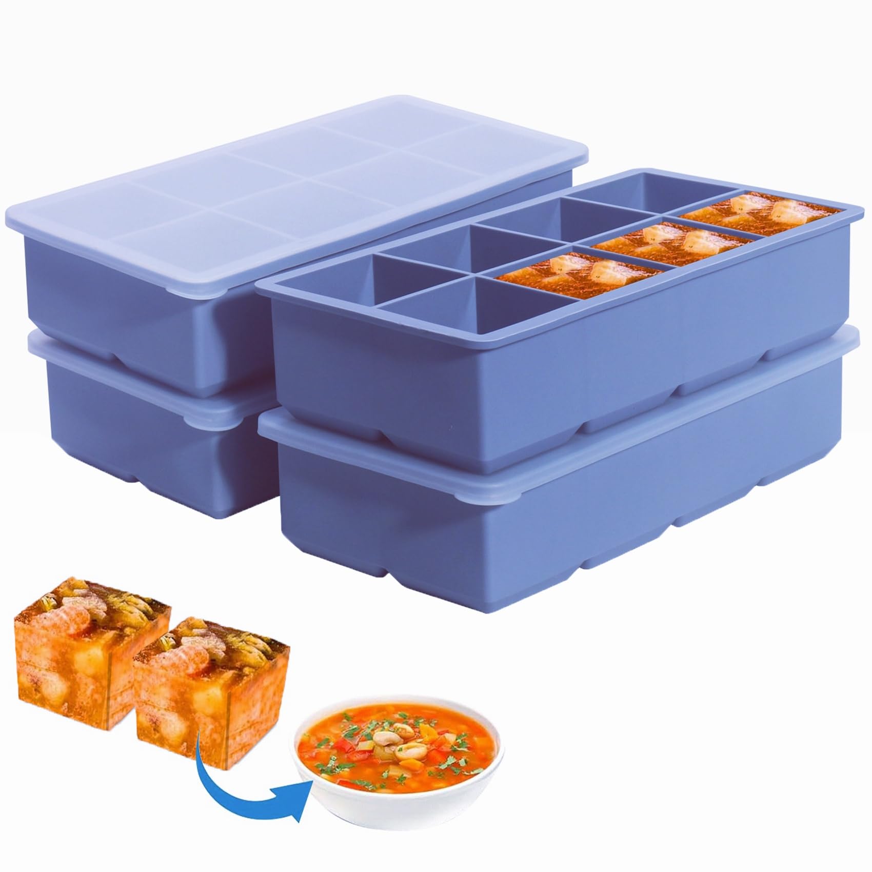 Lot de 4 plateaux de congélation en silicone de 1/2 tasse avec couvercle – Moules de congélation en silicone pour la préparation des repas et la congélation de diverses sauces et autres plats, fait 32