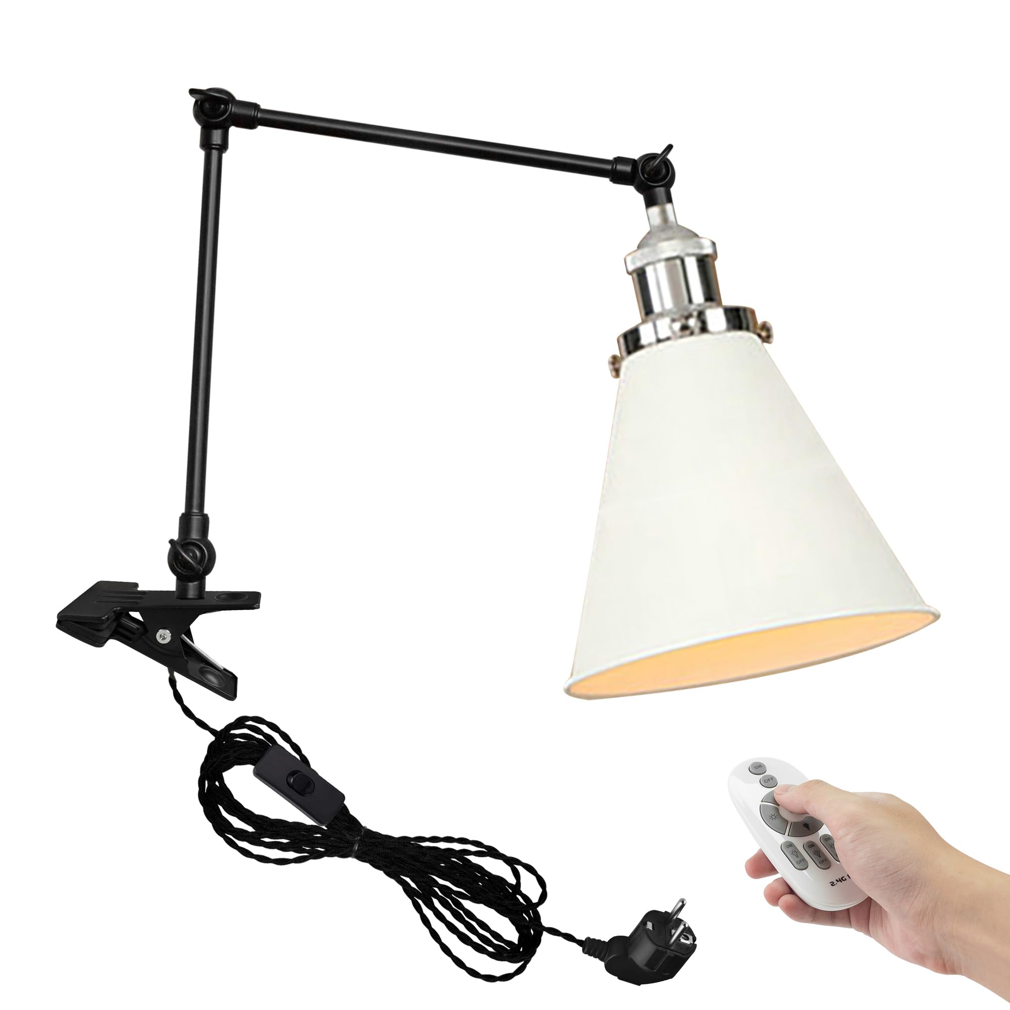Industrial Klemmleuchte mit Fernsteuerung, Einstellbar Clip auf Schreibtisch Leselampe,Dimmbar Clamp Nachttischlampe mit Flexarm für Schreibtisch Nachttisch Regal- TD/0132S&W