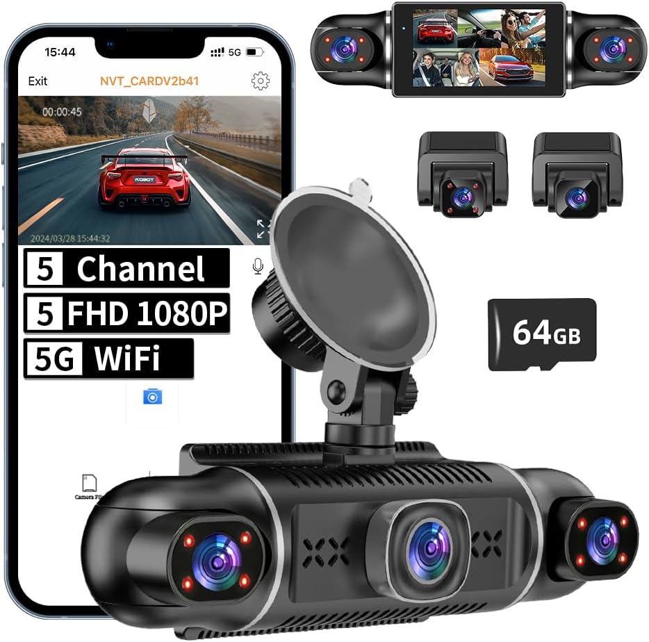 360 View 5 Dash Cam Car Camera Degree 5 Channel for Cars Front and Rear Inside Left Right Baby Car Camera, Built-in WiFi Night Vision, Loop Recording Parking Mode Monitor, 64GB Card Included