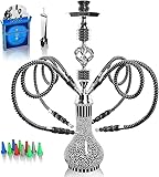 Shisha Komplettset mit 4 Schläuchen, 22'' Großes Shisha Kit für bis zu 4 Personen mit allem inklusive, Keramikschüssel | Premium-Schlauch| Schöne Glasvase (Schwarz ME5)