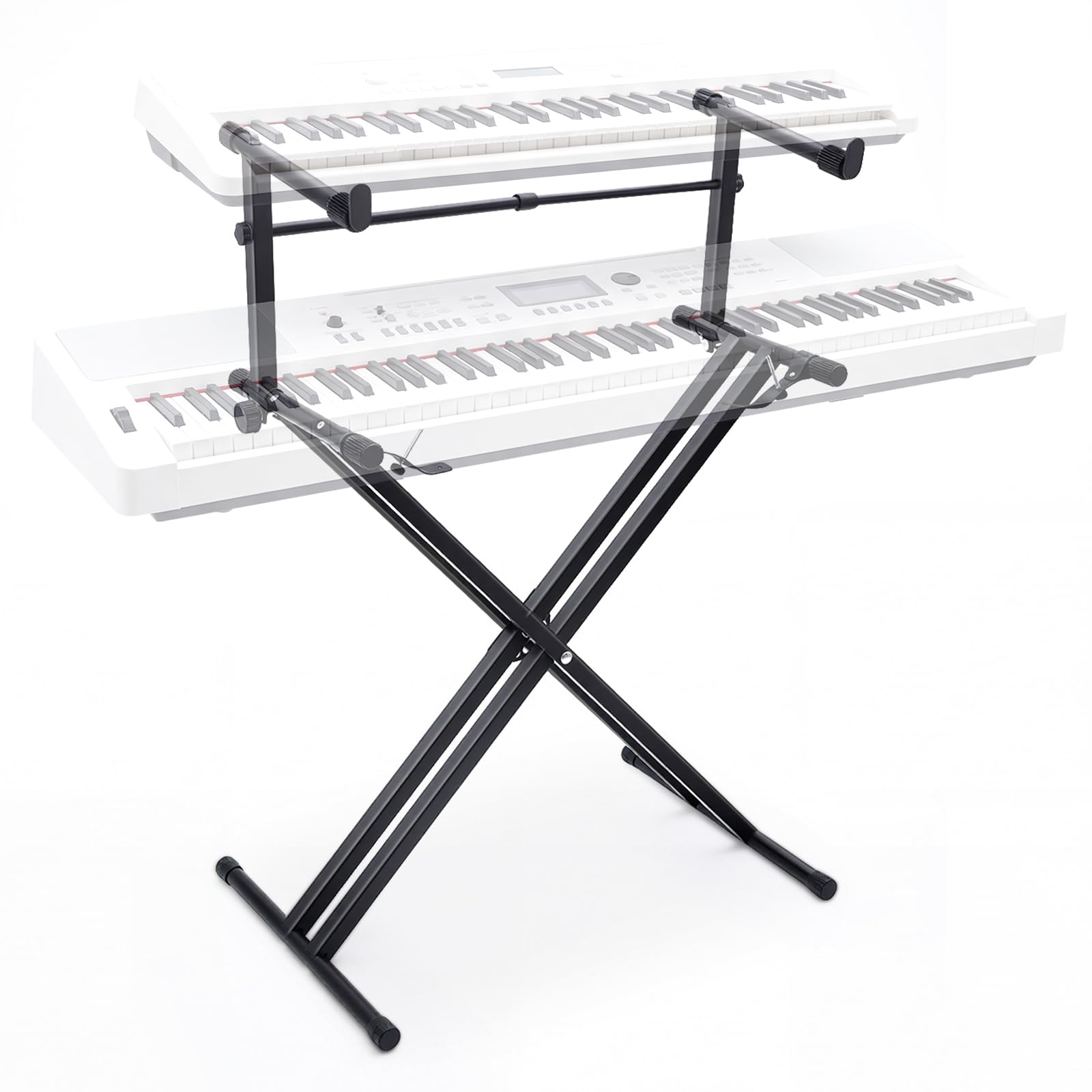 2-stöckiger Doppel-Keyboard-Ständer, robuster höhenverstellbarer Klavierständer mit Verriegelungsgurten und Schnellverschluss, tragbarer X-Style-Halter für 54/61/88 Tasten Digitalpianos