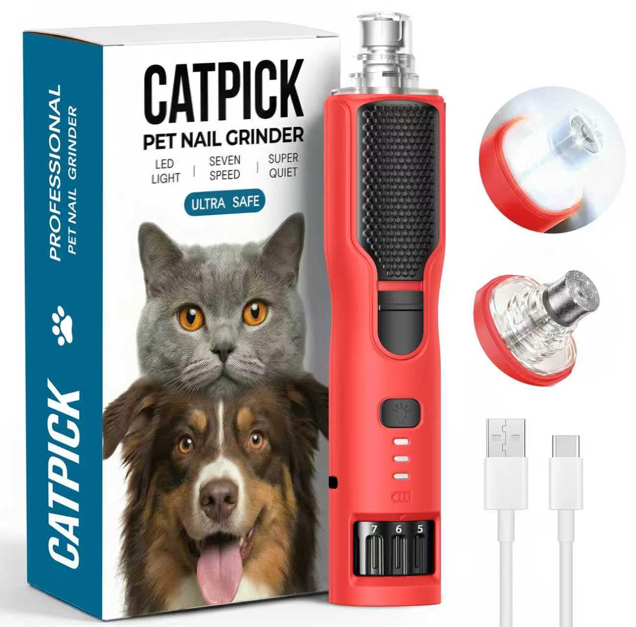 7-Speed Dog & Cat Nail Grinder with Light - Ring LED Safe to Avoid Overcut, Quiet Low Vibration & Powerful Fast, Cordless Rechargeable Toenail Trimmer for Small & Large Puppy & Breeds Paws(Red)