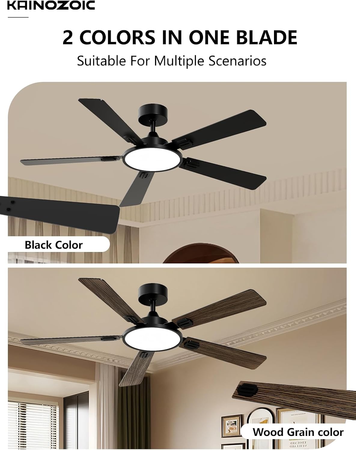 52 Inch Ceiling Fan with Light App&Remote Control Dual Finish Blades Flush Mount Dimmable LED Light Quiet Reversible Motor Black Ceiling Fan for Bedroom Living Room Apartment