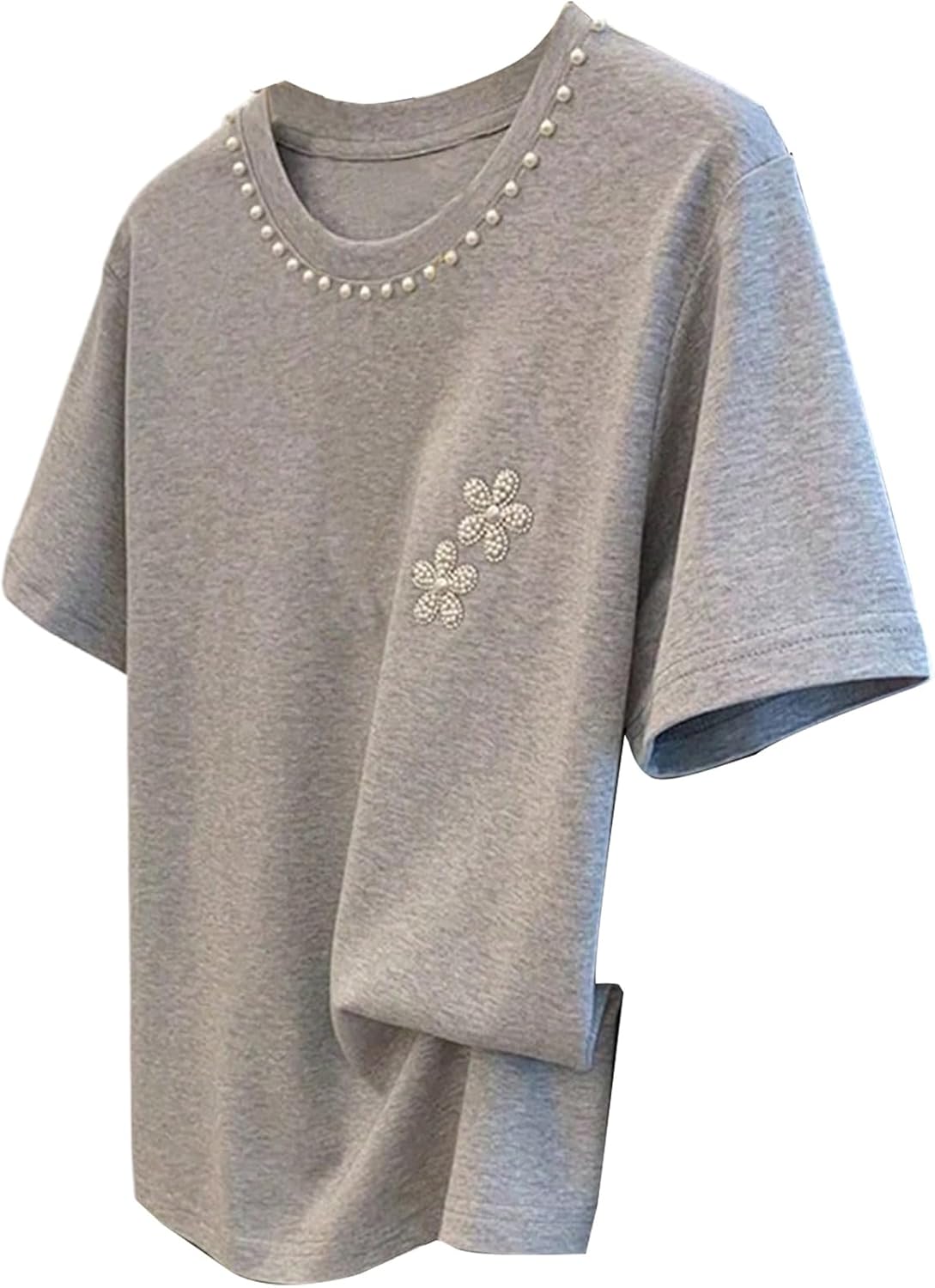 WDIRARA Women's Floral Pearl Beaded T Shirts Crew Neck Short Sleeve Tee Tops