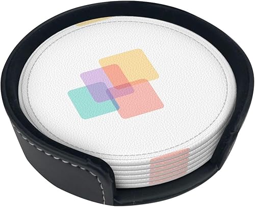 Drink Coasters Set of 6, Squares Printed PU Leather Round Coaster with Holder for Outdoor, Office, Bar, Funny Heat-Resistant Home Desk Decor