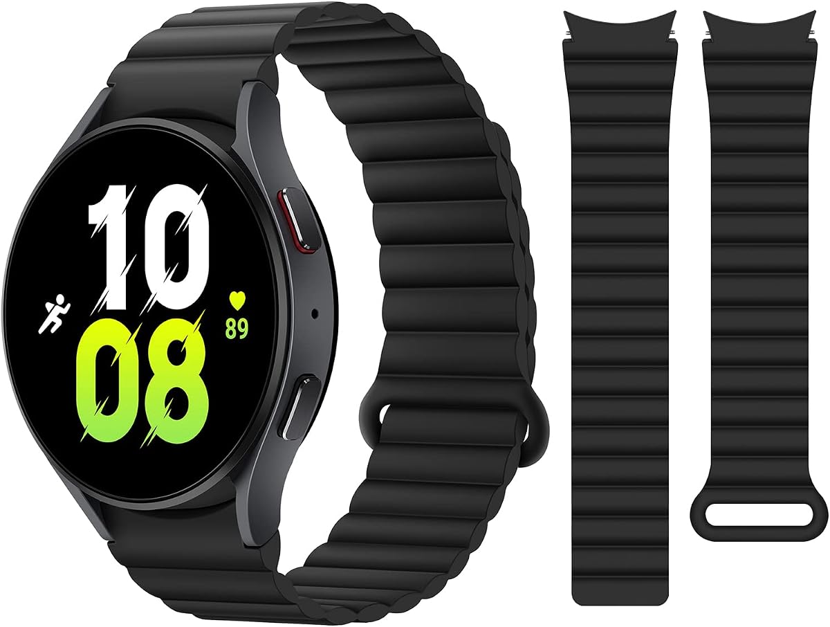 HITZEE Compatible con Samsung Galaxy Watch 7/6/5/4 Correa 40 mm/44 mm/43 mm/47 mm/45 mm, Correa deportiva magnética de silicona de 20 mm para mujeres y hombres, color negro