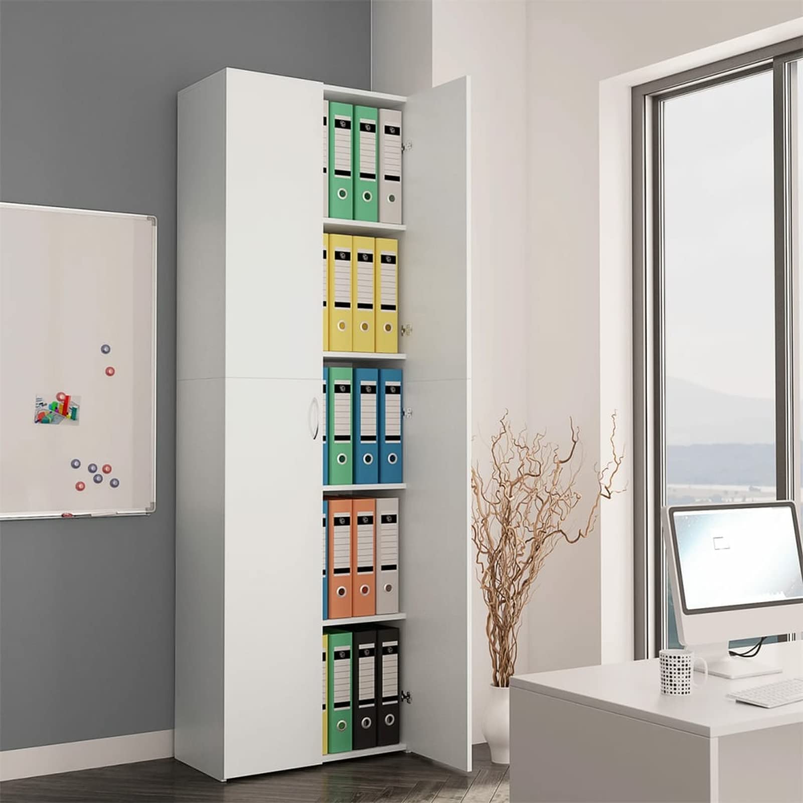 Homgoday Armadio da ufficio, armadio da ufficio, con 2 ante e 5 ripiani, armadio per ufficio, soggiorno e scuola, librerie da ufficio, 60 x 32 x 190 cm, bianco