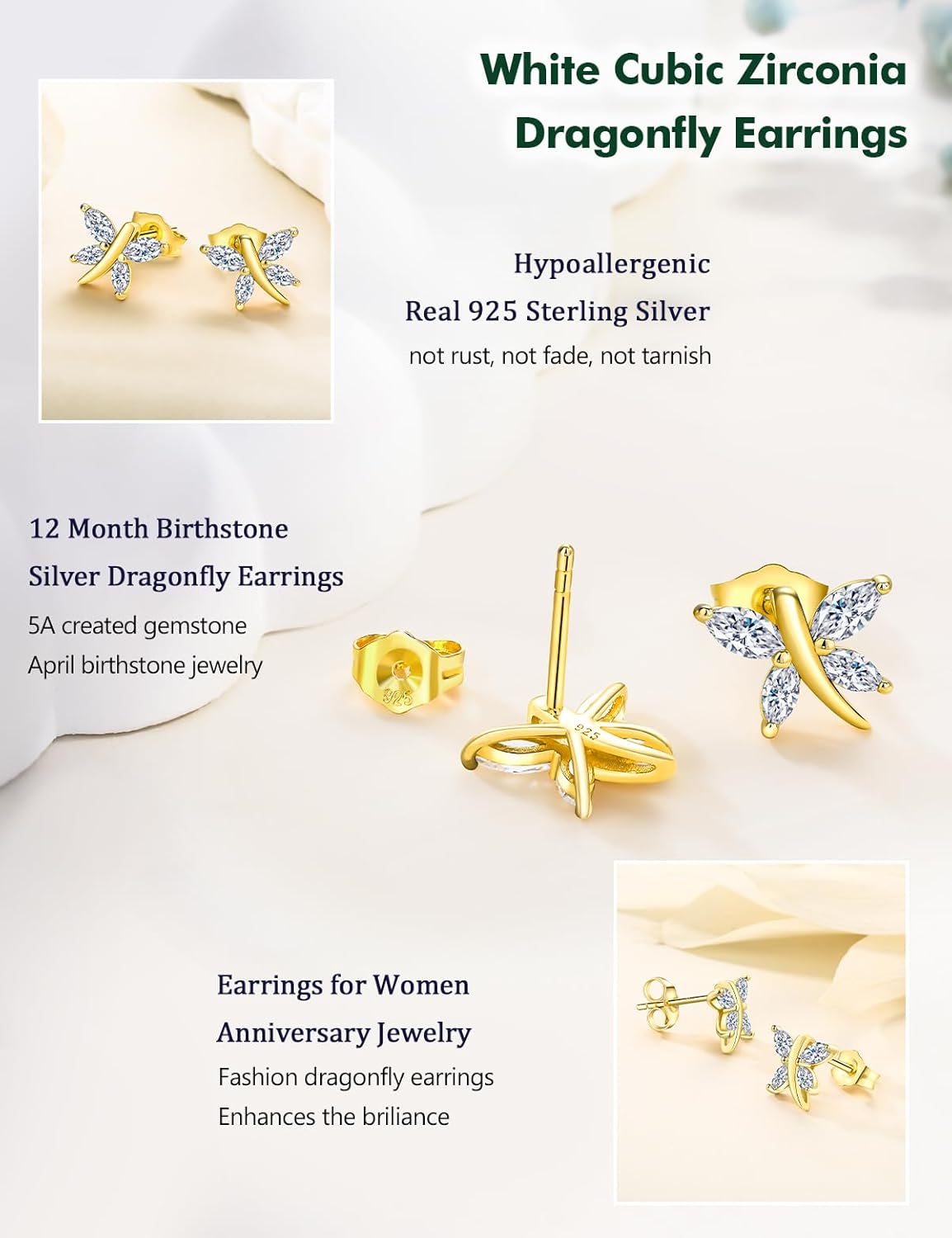 925 Sterling Silver Dragonfly Stud Earrings for Women Trendy Dainty Cute Earrings Ruby/Sapphire/Emerald Gemstone Studs Birthstone Anniversary Jewelry - Image 5