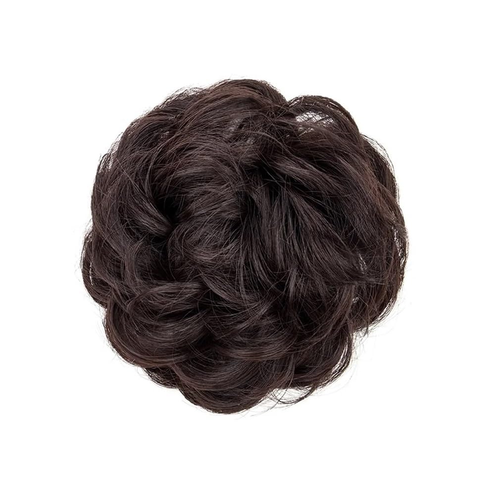 QRSTUVXZY 1PCS Messy Hair Bun Scrunchies Extension Curly Wavy Synthetic Chignon Hairpieces for Women(Darkest Brown Mixed Dark Auburn)