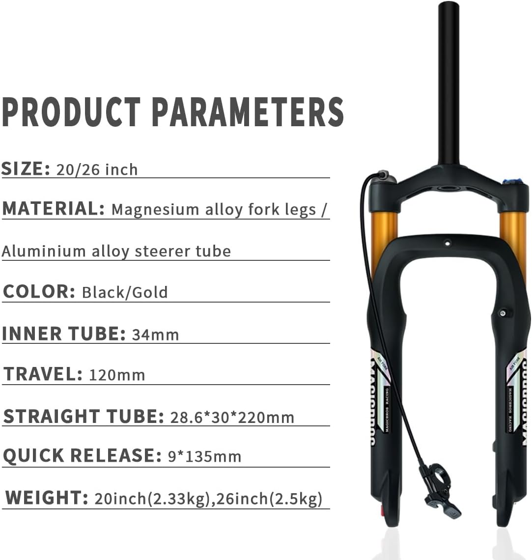 20/26 Inch Snow Beach Bike Suspension Fork Fat 4.0" Tire Bike Front Forks Travel 120mm Air Fork 1-1/8" Straight QR 9 * 135mm Adjustable Rebound