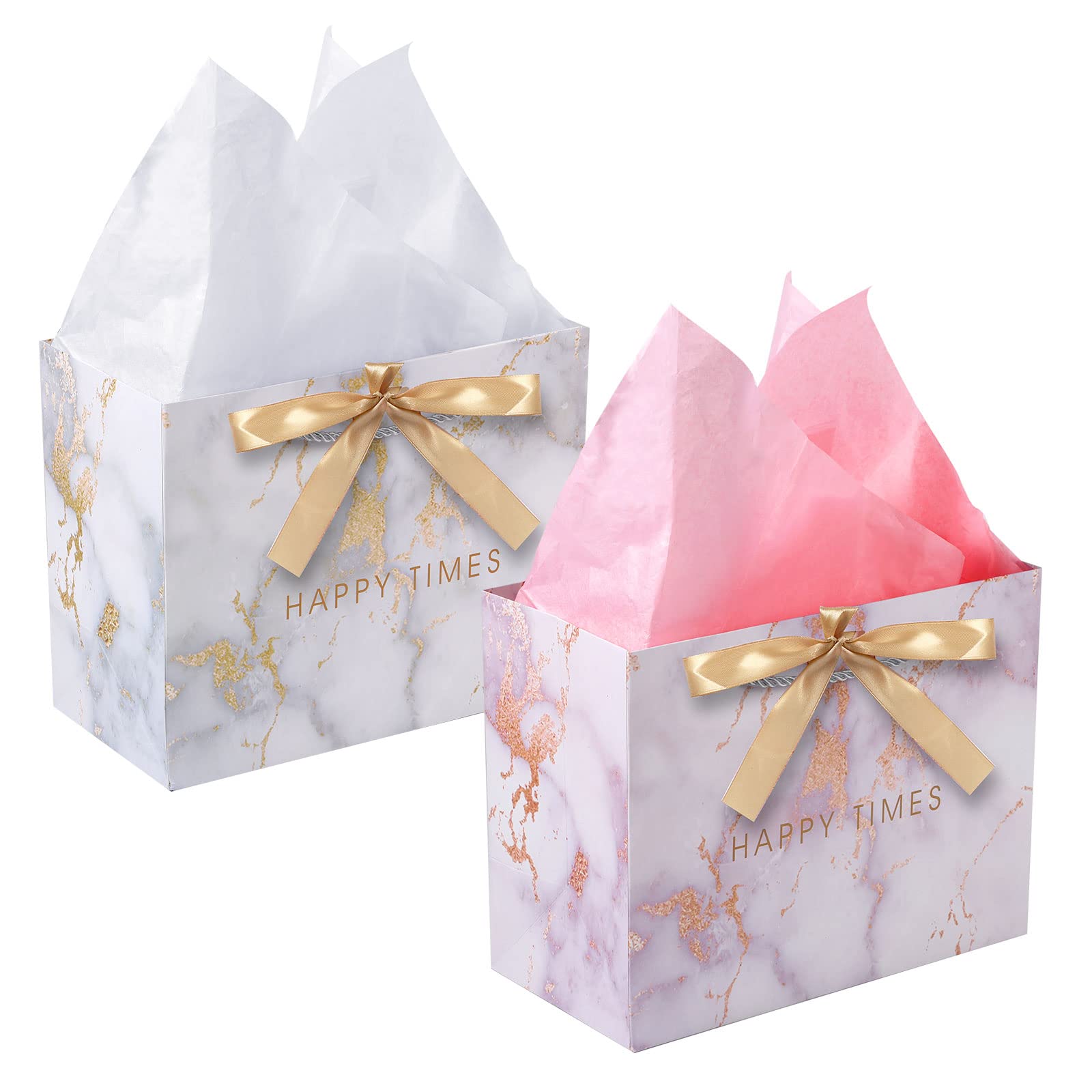 HuaJiao 2 Pack Gift Bags, Medium Paper Present Bags with 2 Tissue Paper and Bow Ribbon for Birthday Valentines Day Mothers Day Wedding (25 X 20 X 12 cm), White Pink