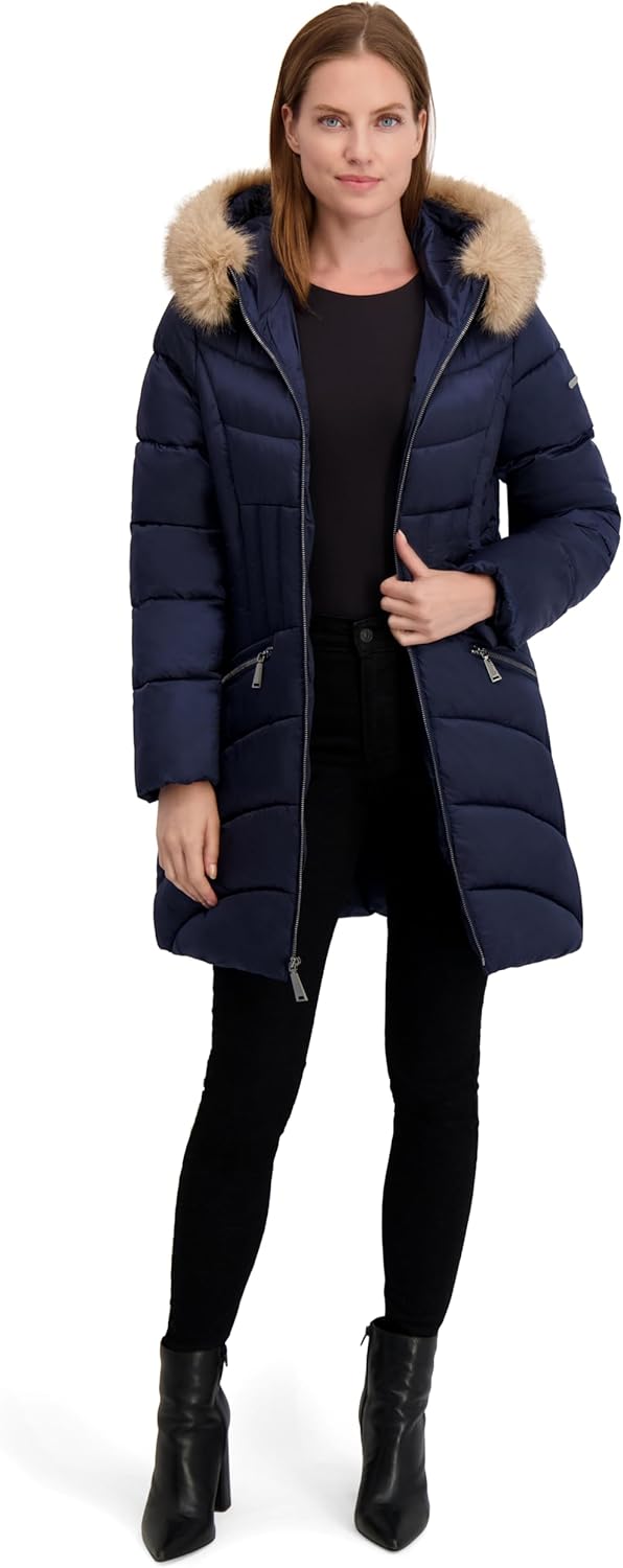 Laundry by Shelli Segal Women's Women’s Shine Marshmallow Puffer Coat –winter Jacket With Faux Fur Hood - Image 3