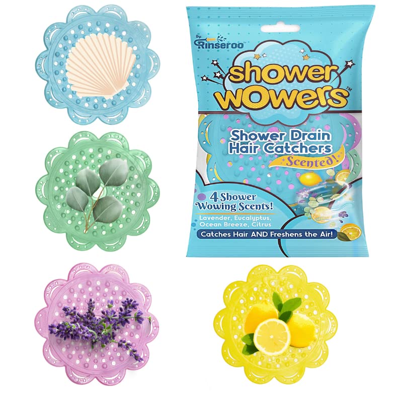 RinserooShower Wowers - 4 Pack Scented Hair Catchers for Shower Drain. Each Aroma Filled Disk Traps Hair and Freshens The Air. Keeps Drain Clog-Free and Smelling Great at The Same Time.