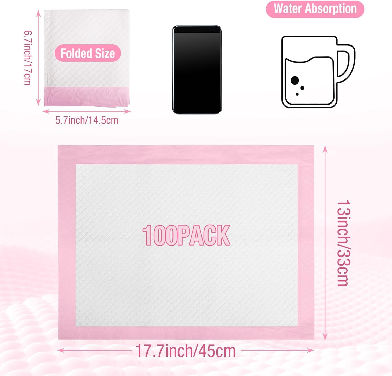 100 Stück Wickelunterlage Einweg, 33 x 45cm Baby Changing Mat für Unterwegs, Inkontinenzunterlage Wickelunterlage Einweg, Baby Wickelauflage, Rosa