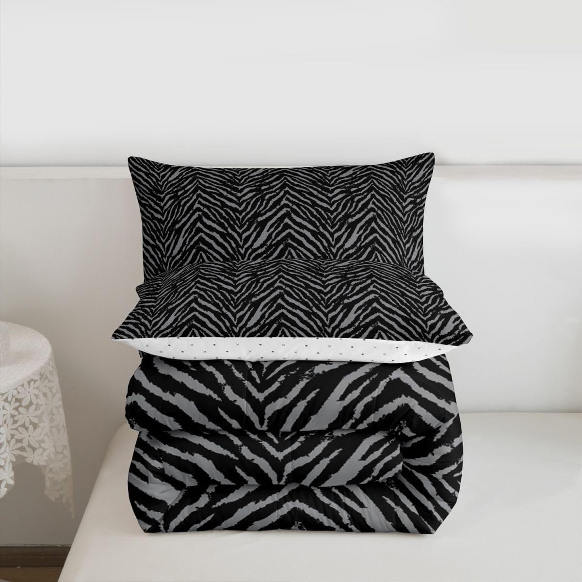 Castle Fairy Zebra Print Bedding Set Full Size Africa Wildlife Comforter Set Black Grey Animals Skin Quilt Set 3pcs for Kids Girls Boys Bedroom Decor Romantic Stripes Duvet Insert,2 Pillowcases