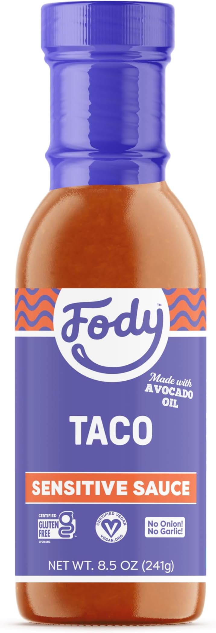 Fody Foods Taco Sauce, 8.5 Oz, Garlic and Onion Free, Low FODMAP Certified, Gut & IBS Friendly, Vegan, Non-GMO, Gluten Free, Keto Friendly