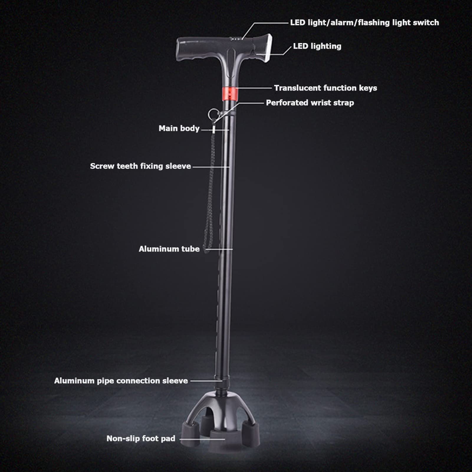 Bastone Da Passeggio,Aiuto Da Passeggio Regolabile In Altezza,Aiuto Da Passeggio Flessibile E Durevole Con Suono Ad Alti Decibel E Design Di Allarme Luminoso E Luce A LED,Per Anziani Portatori Di Ha