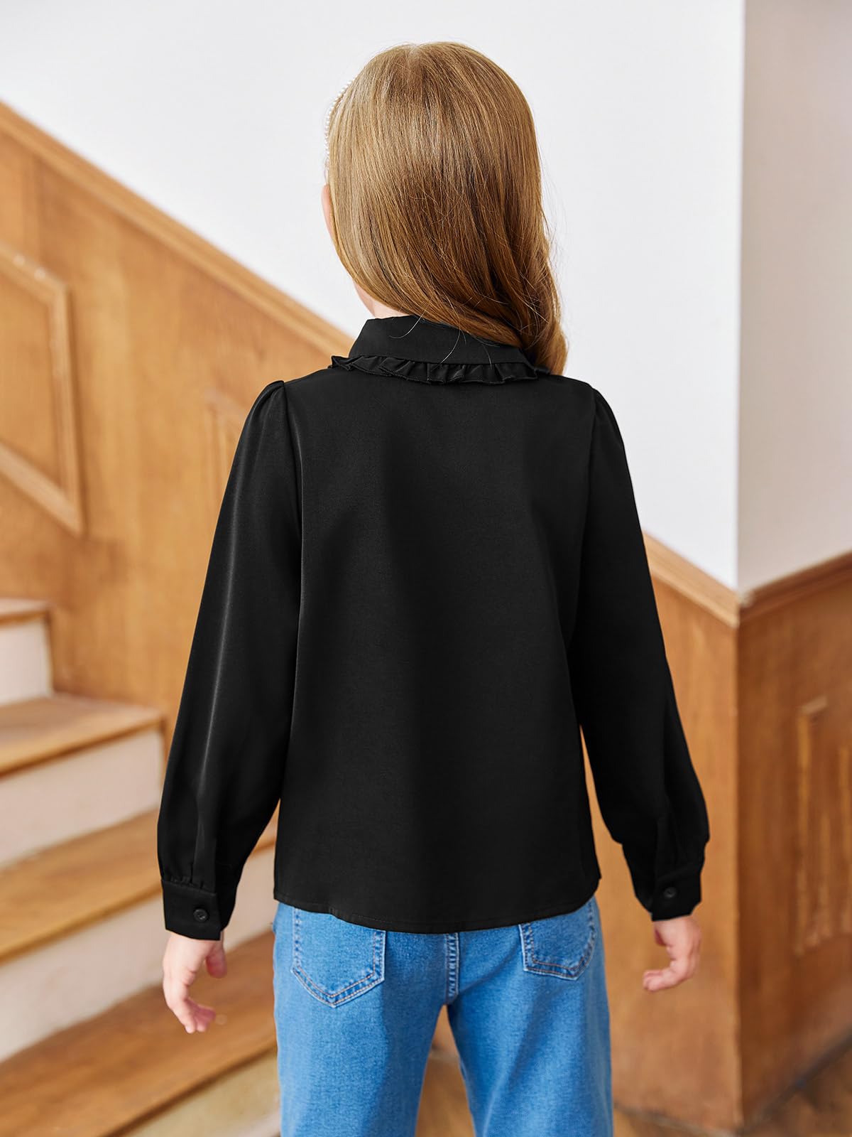 Haloumoning Camisa de manga larga abombada con cuello Peter Pan para niñas | Bonito volantes, cuello de muñeca de bebé, abotonado, blusa casual, tops de gasa suave, camisas de uniforme clásico
