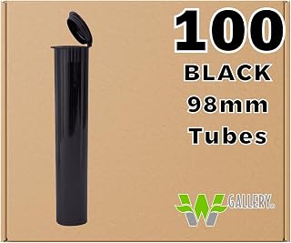 W Gallery 100 Black 98mm Open Cap Pop Top Tubes - Airtight Smell Proof Containers - Plastic Medical Grade Prescription Bottles for Pills Herbs Flowers Supplements, Bulk Pack, Not Glass Jars