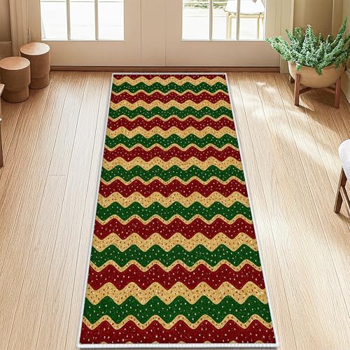 Alfombra ondulada de pasillo, diseño de rayas tradicionales de Navidad, color rojo, de pelo bajo, rectangular, ribete de borde para cocina, puerta, entrada, decoración de mesita de noche, 2 x 5 pies