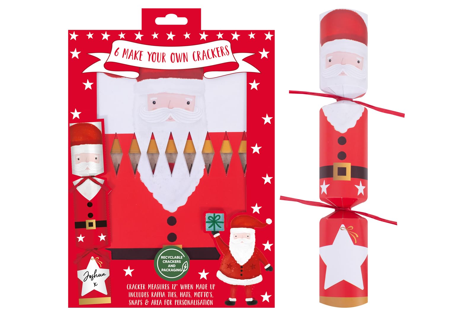 Rsw Red Make Your Own Christmas Crackers With Ties, Mottos, Hats - 6 X 12 Crackers - Santa Christmas Design - Perfect For Children - Diy Christmas Cracker Set - Festive Seasonal Party