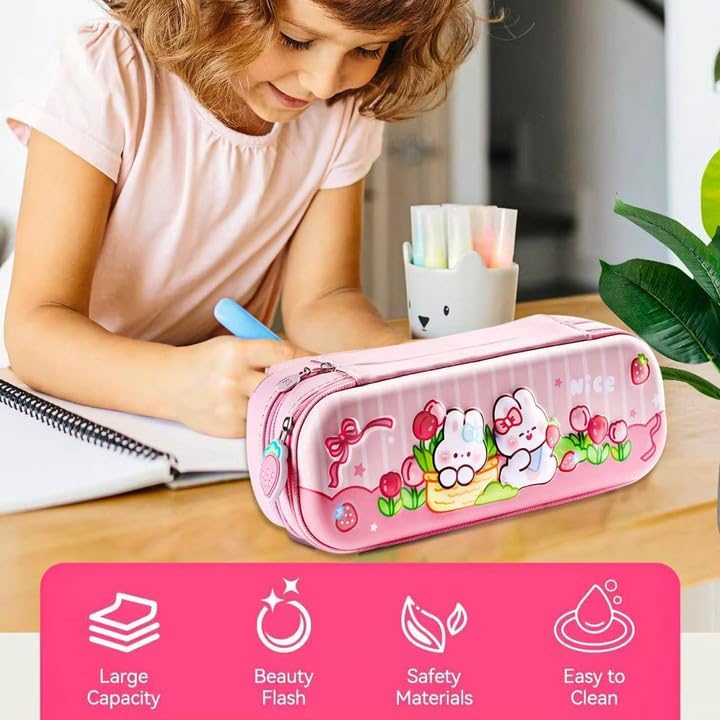 Image of DEOXY Premium 3D Double Layer Pencil Case Eva Large Capacity Zipper Pouch Bag Compass School Organizer Students Kids Stylish Pen Holder Stationery Box (Rabbit)