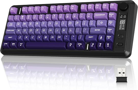 ZIYOU LANG M75 Wireless Gaming Keyboard, RGB Backlit Rechargeable 2000mAh Battery, Small Membrane But Mechanical Feel Keyboard with Smart Display & Knob, PBT Gradient keycaps for PC, MAC-Grape Purple