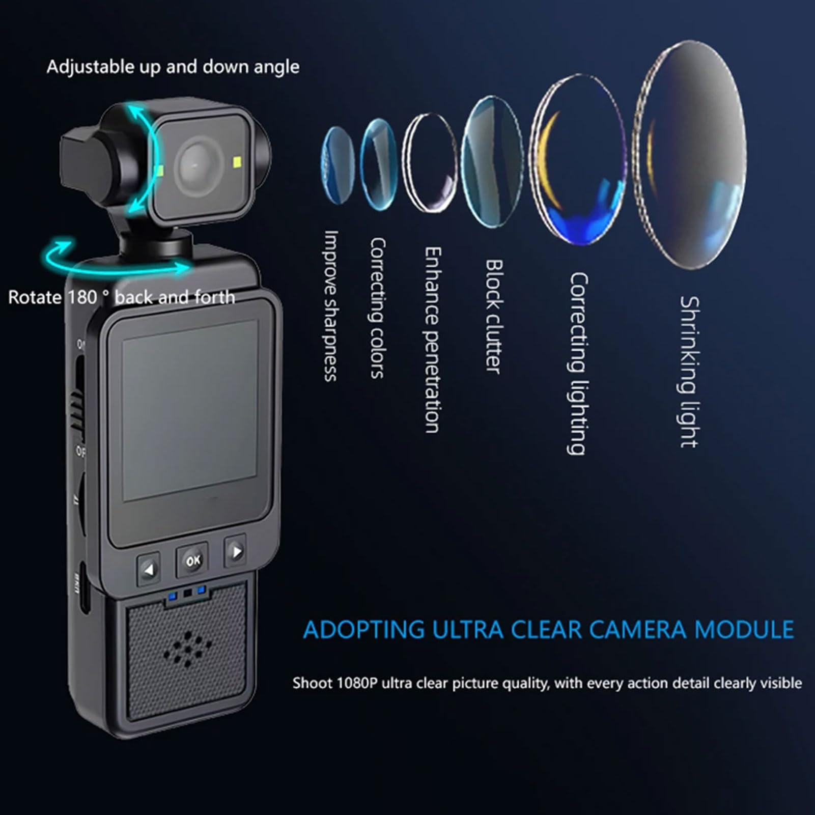 Lazmin112 Telecamera Indossabile Con Registrazione Audio E Video, Telecamera Per Vlogging 1080P Con Schermo TFT Da 1,54 Pollici, Obiettivo Con Rotazione A 360°