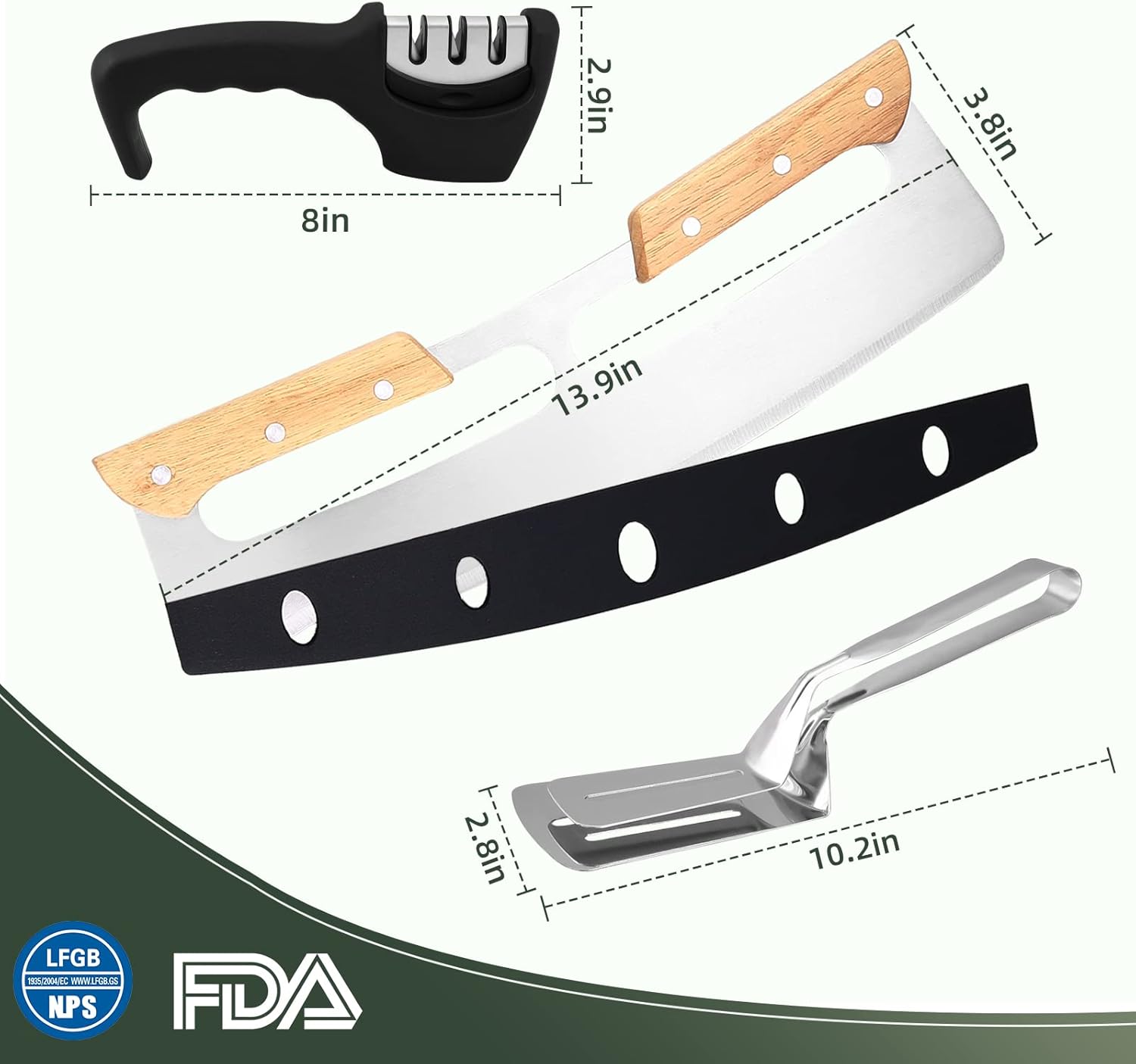 Pizza Cutter Rocker Blade 14inch with Wooden Handle, Pizza Slicer Wheel Stainless Steel Big Pizza Knife with Knife Sharpener and Pizza Gripper