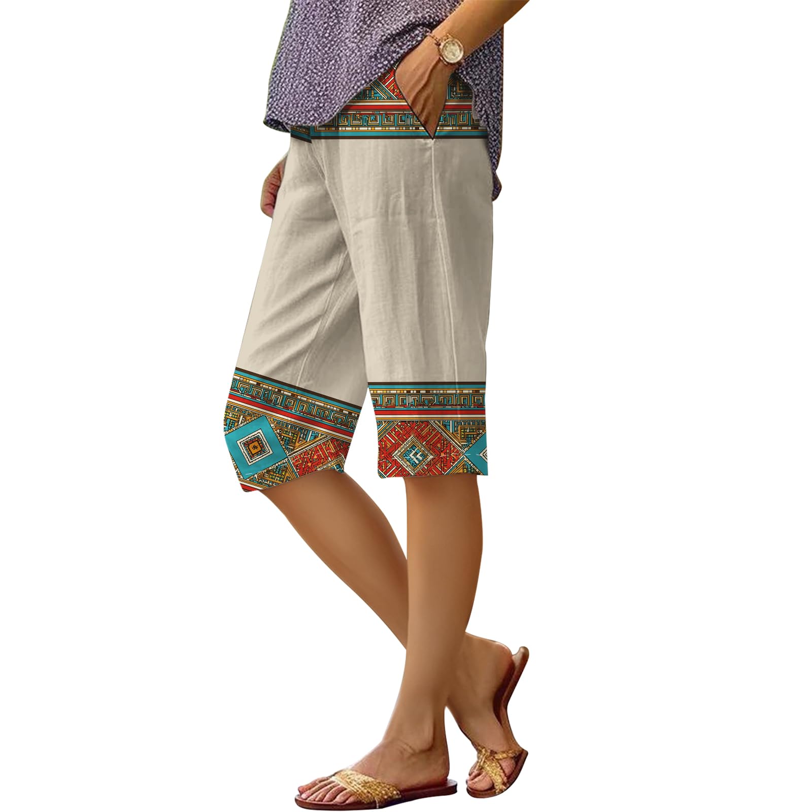 Womens Summer Beach Bermuda Shorts Aztec Striped Loose Casual Knee Length Wide Leg Gym Athletic Pants with Pockets