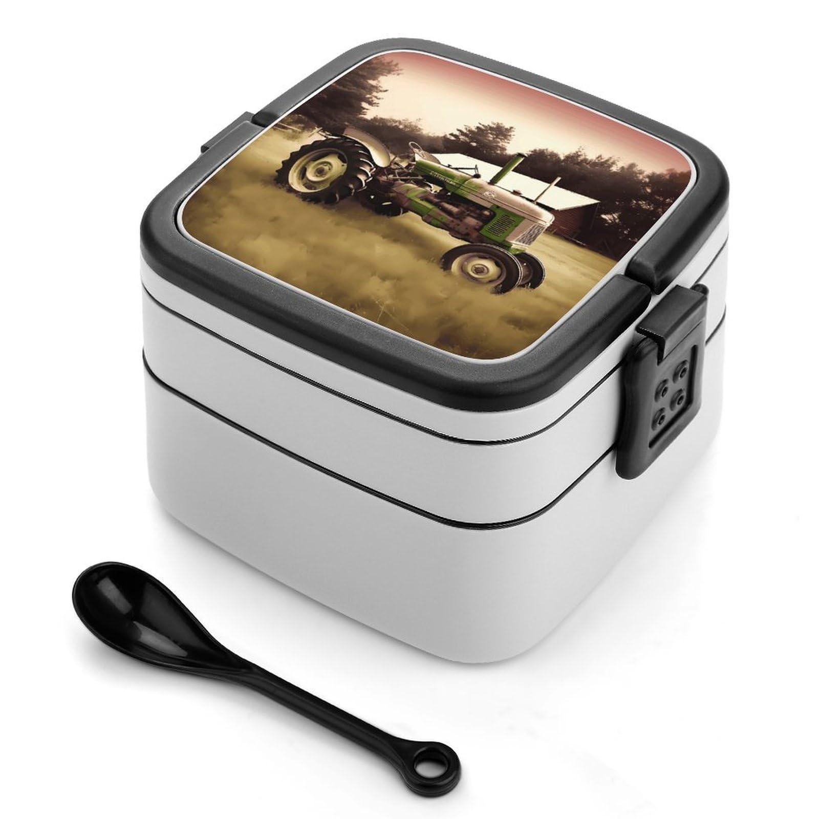 VstaDank Old Tractor Photo Farm Bento Box Portable Adult Lunch Box with 2 Layer&Spoon Reusable Insulated Lunchbox Large Food Containers Leak Proof Lunch Containers for Work Camping Meal Prep