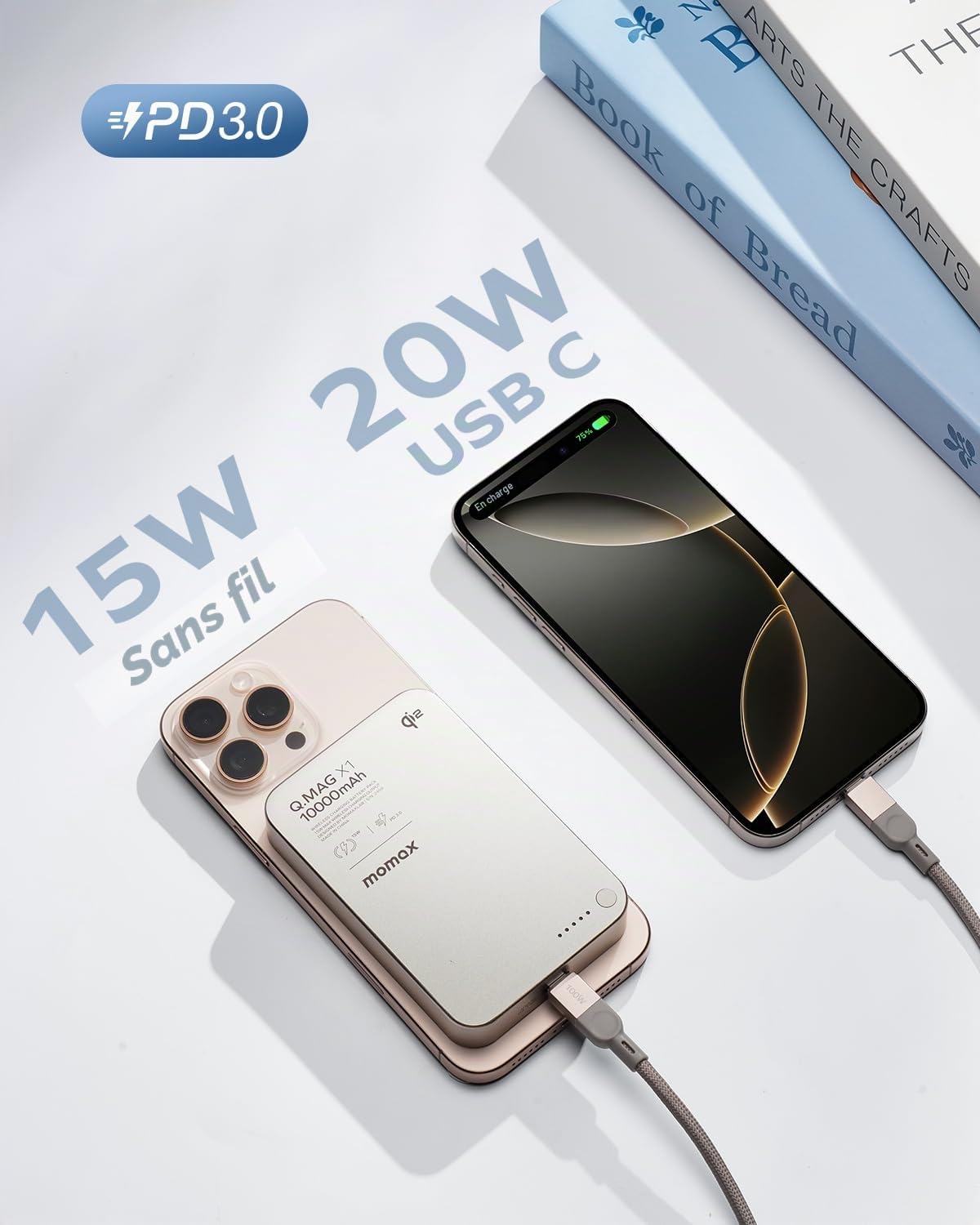 MOMAX Qi2 Powerbank Magnétique, 10000mAh Charge Rapide Ultra-Fin Chargeur Externe magnétique, 15W Charge sans Fil pour iPhone MagSafe & Android, Portable Léger, Titane