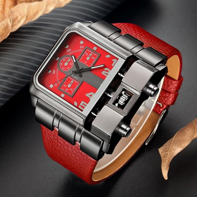 Reginald Hip Hop 53MM Men's Large Face Square Watch, Red