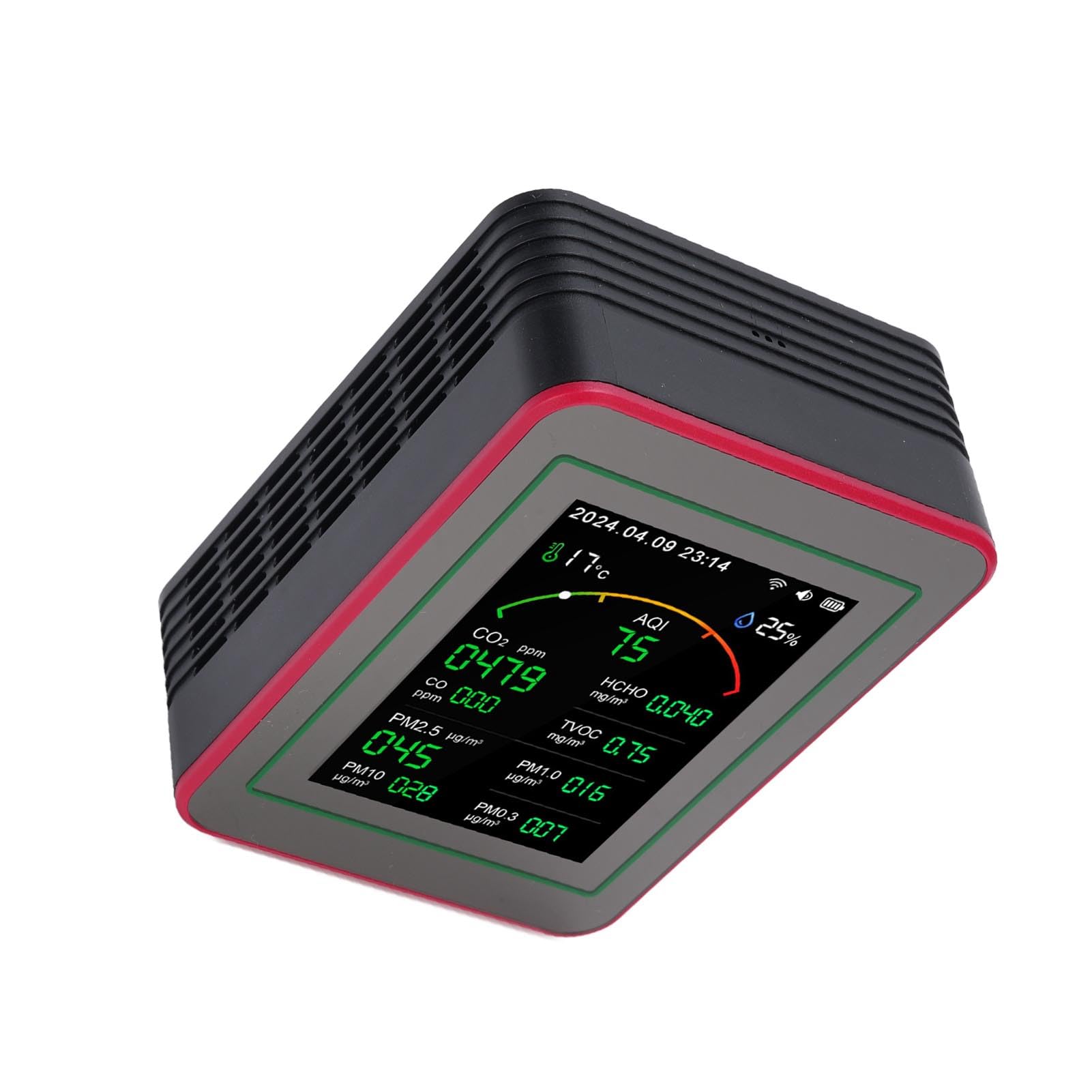 Probador de Calidad del Aire WiFi 15 en 1 CO2 TVOC HCHO PM2.5 PM0.3 PM1.0 PM10 Monitor de Temperatura y Humedad con Pantalla HD de 2,8 Pulgadas y Batería de 2000 MAh para (negro rojo)