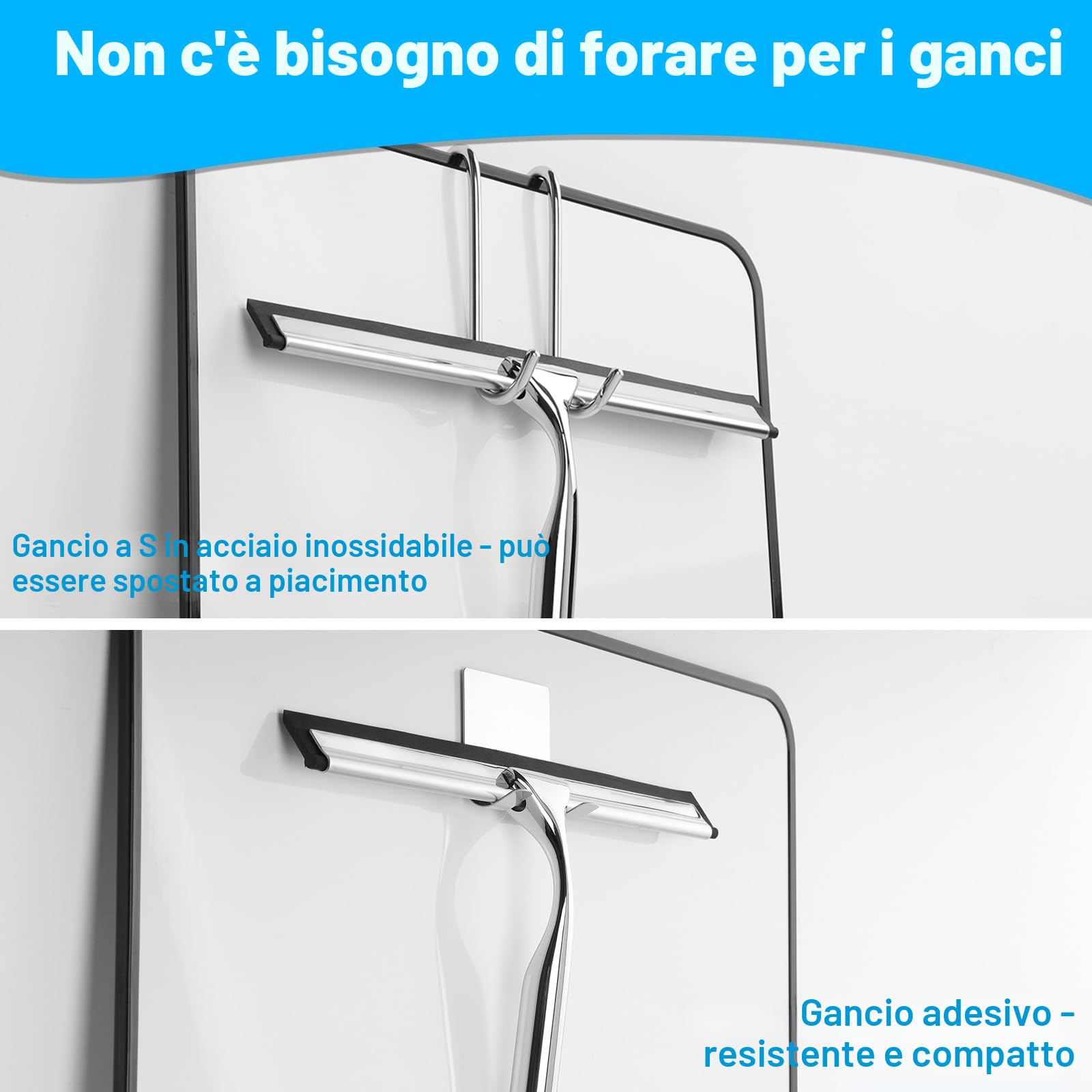 25CM Tergivetro Per Doccia, Tira Acqua Da Doccia In Acciaio Inox, Tiraacqua Vetri Doccia Con 1 Gancio E 2 Lama In Silicone, Senza Bisogno Di Forare, Può Pulire Bagno, Finestre E Specchi