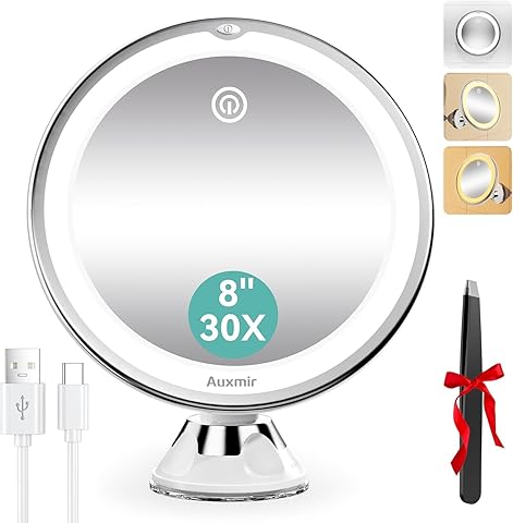 Auxmir Espejo Maquillaje con Luz LED, 30X Espejo Aumento con Ventosa, 2000 mAh Recargable USB, 360 Giratorio, 3 Colores de Luz, Inalámbrico para Pared Baño Viaje, Afeitado Depilación Cejas, Redondo