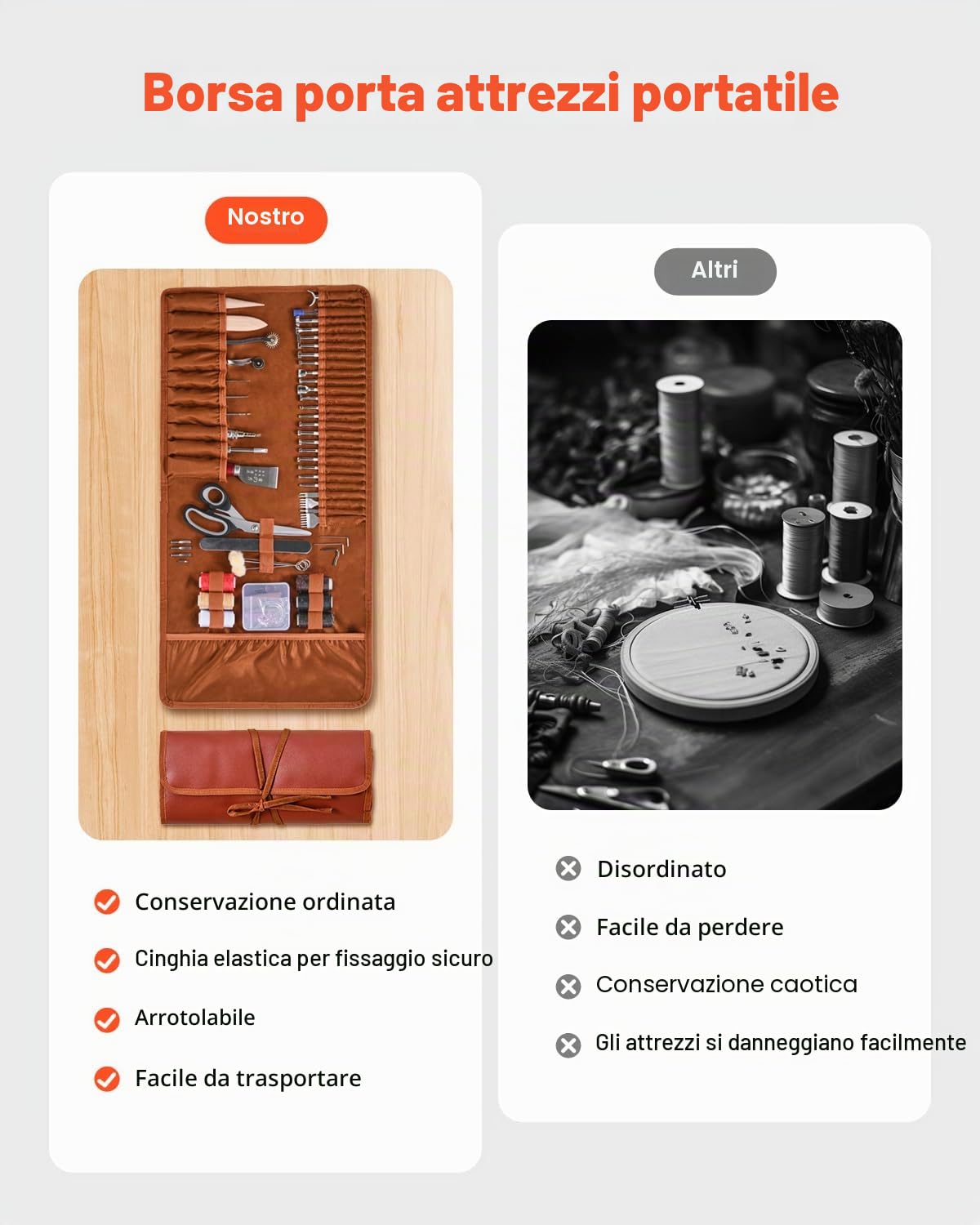 VEVOR Kit di Utensili per Lavorazione della Pelle, 72 Pezzi, Utensili per l'Artigianato della Pelle con Borsa Portaoggetti Portatile, per Incisione, Punzonatura, Cucito, Timbratura e Levigatura
