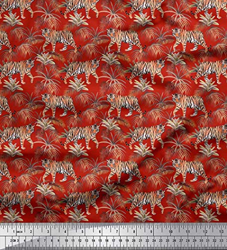 Soimoi Rayon Crepe Red Fabric - by The Yard - 46 Inch Wide - Leaves & Tiger Jungle Textile - Nature-Inspired and Bold Patterns for Fashion and Home Decor Printed Fabric