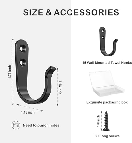 Miniatura 2 de 15 ganchos de pared para colgar, ganchos resistentes para colgar abrigos, mochilas, ganchos de metal negro para colgar en la pared, ganchos de ropa