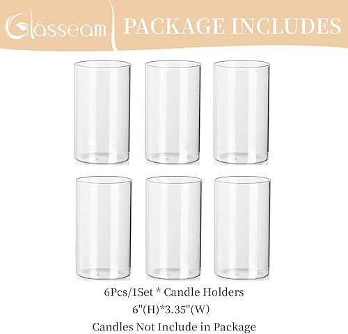 Miniatura 6 de Glasseam Juego de 6 portavelas de cristal Hurricane, portavelas cilíndricos transparentes para velas de pilar, jarrones cilíndricos modernos para