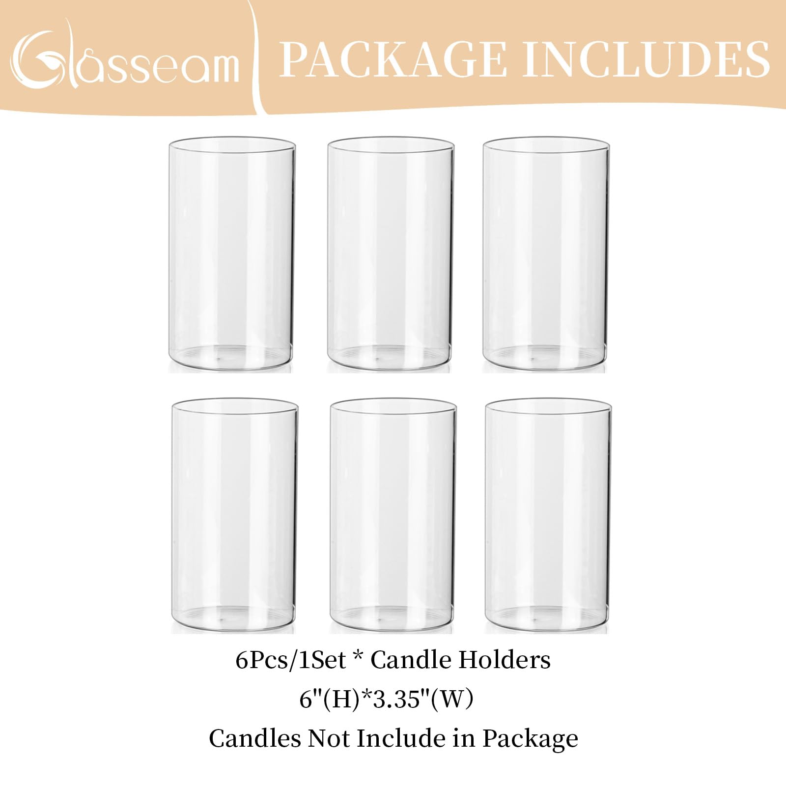 Glasseam Hurricane Glass Candle Holder Set of 6, Cylinder Clear Candle ...