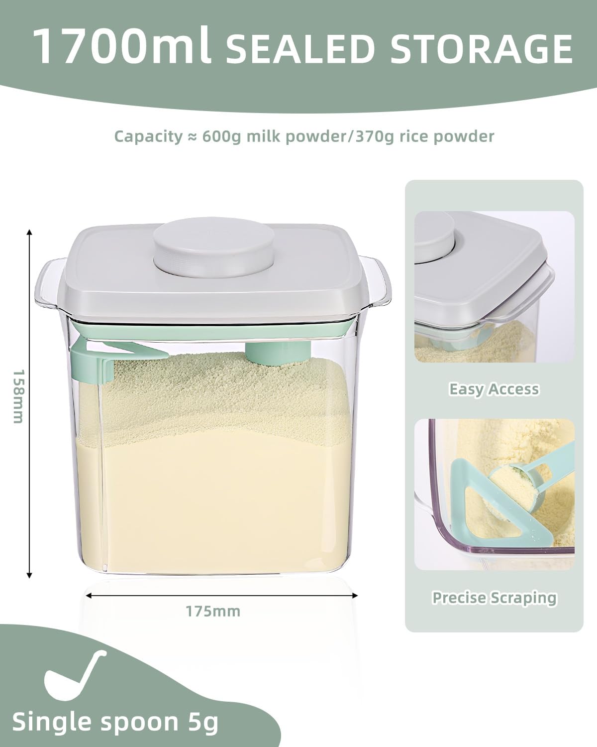Dispenser per Latte in Polvere 1700 ML Contenitore Ermetico a Prova di Perdite Portatile Porta Latte in Polvere per Neonati Contenitore Portatile Plastique Senza BPA con Cucchiaio per Latte