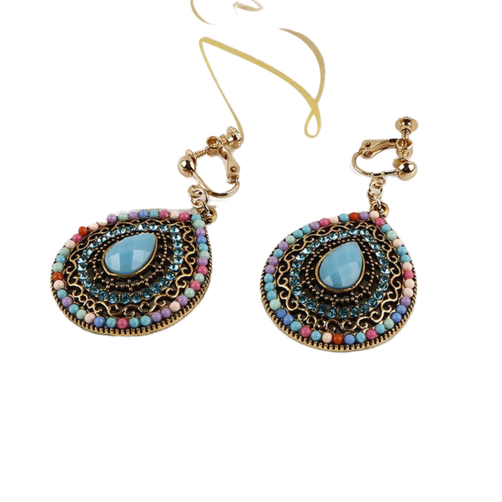 SALAN Bohemian Vintage Resin Multicolor Bead Clip Earrings For Women Without Piercing Ethnic Large Dangle Ear Clip Statement Jewelry