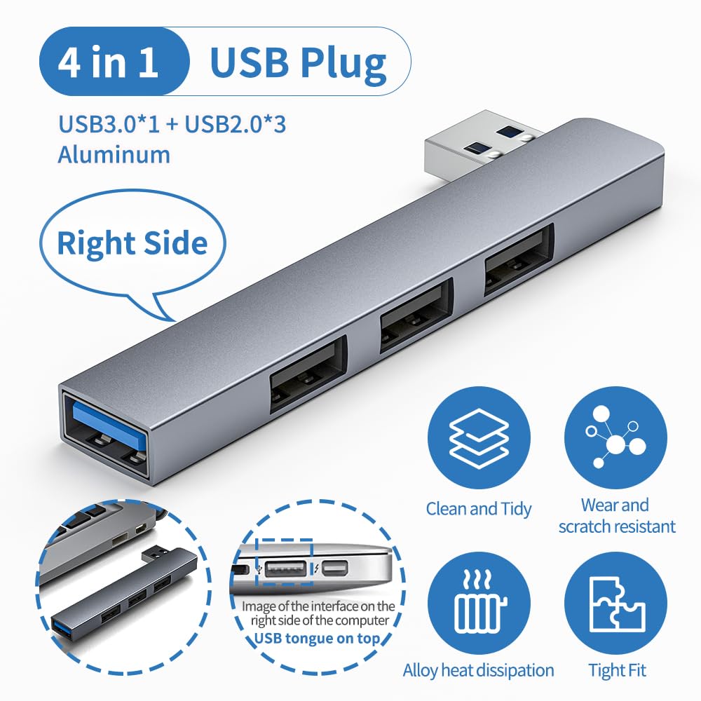 Hub USB 3.0 aluminiowy ekspander USB, 4-portowy przedłużacz/rozdzielacz USB, koncentrator danych do laptopa, szary (prawa strona)