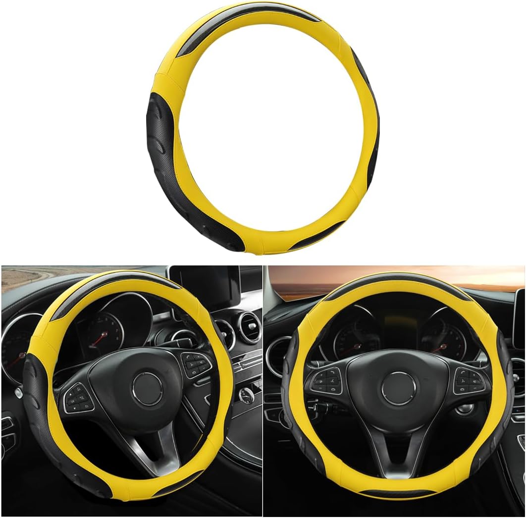 LoyaForba Leather Steering Wheel Cover, Auto Car Stretch Steering Wheel Protector, Universal 15 Inch Anti-Slip Breathable Odorless Steering Wheel Cover for Men Women (Black/Yellow)